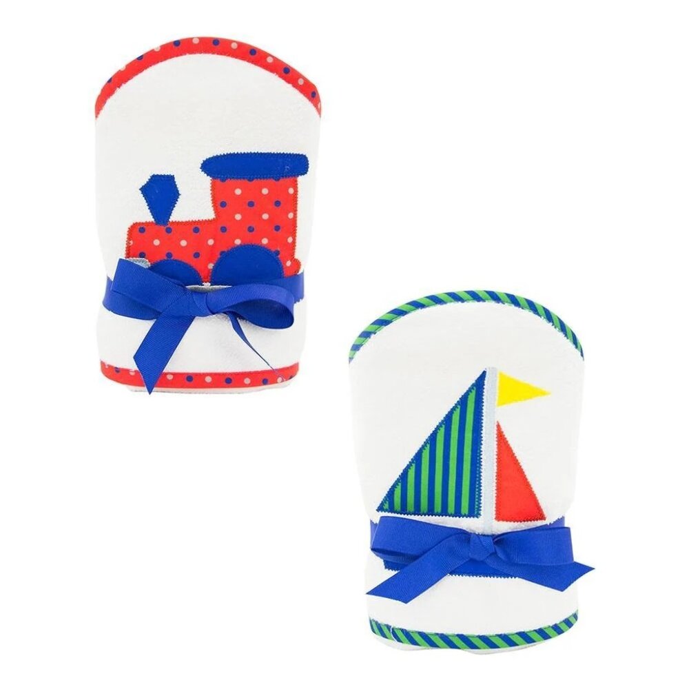 Baby terry cloth hooded towels applique train sailboat boat Baby shower gift